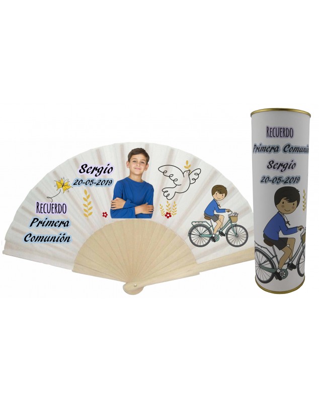 Abanico varillas de madera PERSONALIZADO con foto y texto de Comunion niño con dibujo bicicleta y paloma en lata