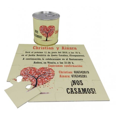 Invitacion de boda en puzzle arbol corazon con lata personalizada