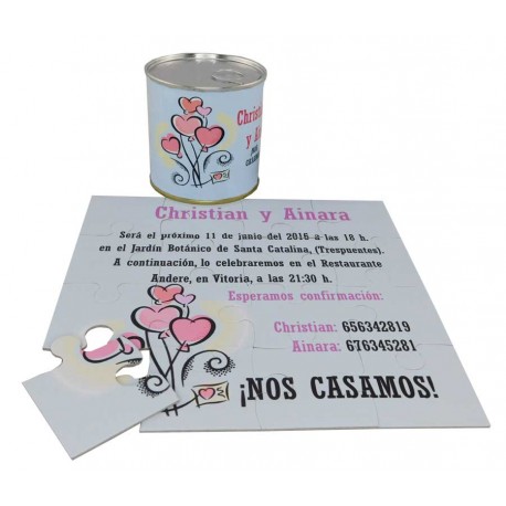 Invitacion de boda corazones en puzzle personalizado con lata personalizada